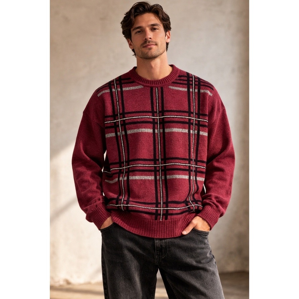 Geoffrey Beene vintage Sweater Men XL Burgundy Plaid Ctn Crew Neck dark academia